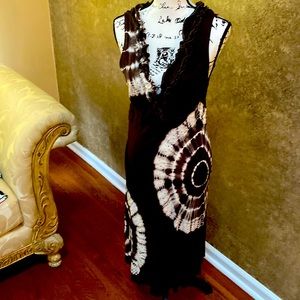 Chocolate tie-dyed INC summer dress with silver sequins & ruffled  size L